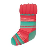 Vector isolated illustration of cartoon Christmas knitted wool sock with pattern.