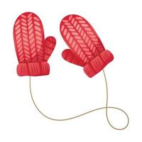 Cartoon vector isolated winter illustration. Christmas knitted woolen mittens on a rope.