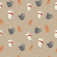 Vector Christmas cartoon illustration. Seamless pattern on the theme of the new year. Mug with hot tea, coffee or cocoa, cute white deer and gingerbread man.