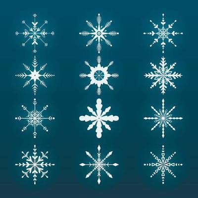 Vector flat illustration. Set of New Year and Christmas shiny snowflakes. Background decoration.