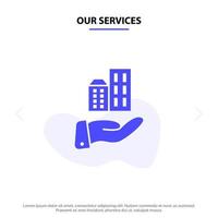 nuestros servicios arquitectura negocio moderno sostenible glifo sólido icono plantilla de tarjeta web vector