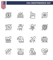 Modern Set of 16 Lines and symbols on USA Independence Day such as sports basketball foam hand star badge Editable USA Day Vector Design Elements