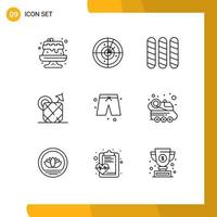 Pack of 9 creative Outlines of automobile pants french beach food Editable Vector Design Elements