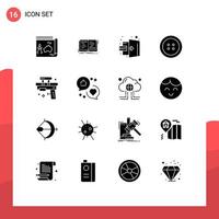 Set of 16 Vector Solid Glyphs on Grid for gun clothing writing button logout Editable Vector Design Elements