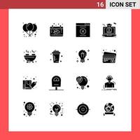 Group of 16 Modern Solid Glyphs Set for hobbies barbecue seo hat video Editable Vector Design Elements