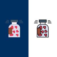 tarro botella galletas corazón san valentín iconos plano y línea llena conjunto de iconos vector fondo azul