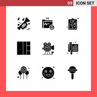 Set of 9 Commercial Solid Glyphs pack for valentine video camera clipboard movie layout Editable Vector Design Elements