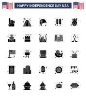 feliz día de la independencia 4 de julio conjunto de 25 pictogramas americanos de glifo sólido de papas fritas cabeza comida perro de maíz elementos de diseño de vector de día de estados unidos editables