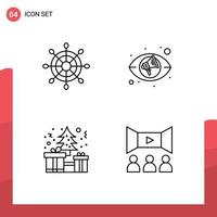 Line Pack of 4 Universal Symbols of helm present eye tree film Editable Vector Design Elements