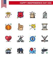 USA Independence Day Flat Filled Line Set of 16 USA Pictograms of usa festival american handbag usa cola Editable USA Day Vector Design Elements