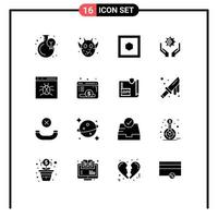 Modern Set of 16 Solid Glyphs Pictograph of bug app hexagon hold cog Editable Vector Design Elements