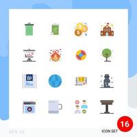 Pictogram Set of 16 Simple Flat Colors of analytics graph recycilben school building Editable Pack of Creative Vector Design Elements