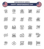 USA Independence Day Line Set of 25 USA Pictograms of fast party police grill barbecue Editable USA Day Vector Design Elements