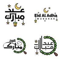 paquete de caligrafía de eid mubarak de 4 mensajes de saludo colgando estrellas y luna sobre fondo blanco aislado festividad musulmana religiosa vector