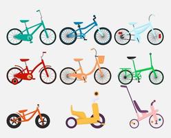 conjunto de bicicletas y triciclos para niños. varios tipos de colección de bicicletas para niños. ilustración de dibujos animados de estilo plano vectorial aislado en fondo blanco, eps 10. vector