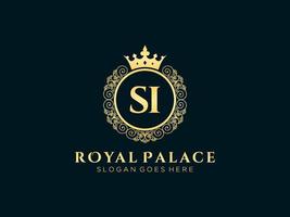 Letter SI Antique royal luxury victorian logo with ornamental frame. vector