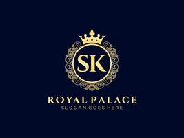 Letter SK Antique royal luxury victorian logo with ornamental frame. vector