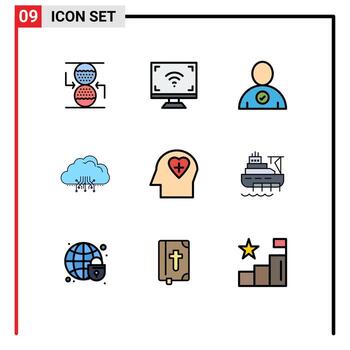 Filledline Flat Color Pack of 9 Universal Symbols of emotion hosting tv data cloud Editable Vector Design Elements