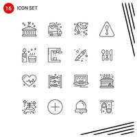 paquete de 16 signos y símbolos de contornos modernos para medios de impresión web, como elementos de diseño de vectores editables de letras de alerta de furgonetas triangulares de velas