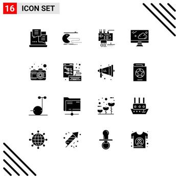 16 Universal Solid Glyphs Set for Web and Mobile Applications camera monitor pacman cloud engineering Editable Vector Design Elements