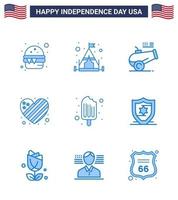 Happy Independence Day Pack of 9 Blues Signs and Symbols for food cold cannon love flag Editable USA Day Vector Design Elements