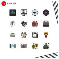 Pack of 16 Modern Flat Color Filled Lines Signs and Symbols for Web Print Media such as disposal rewind backward multimedia back Editable Creative Vector Design Elements