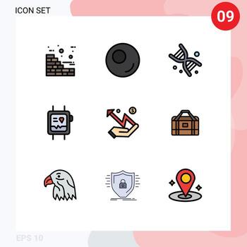 conjunto de 9 iconos de interfaz de usuario modernos signos de símbolos para la tecnología de bolsa de dinero gráfico reloj elementos de diseño vectorial editables vector