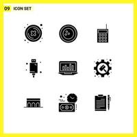 Modern Set of 9 Solid Glyphs Pictograph of electronic devices sports cable talkie Editable Vector Design Elements