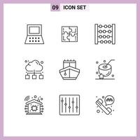 Mobile Interface Outline Set of 9 Pictograms of transportation sail abacus internet network Editable Vector Design Elements