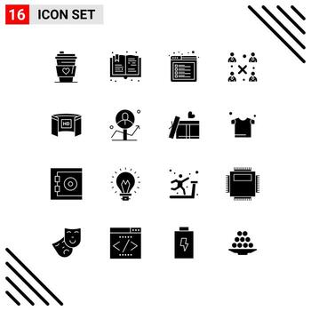 paquete de 16 signos y símbolos de glifos sólidos modernos para medios de impresión web, como elementos de diseño de vectores editables de personas del navegador de grupos de trabajo de visualización