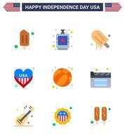 USA Happy Independence DayPictogram Set of 9 Simple Flats of ball usa icecream love american Editable USA Day Vector Design Elements
