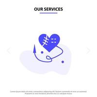 nuestros servicios corazón de costura corazón roto corazón icono de glifo sólido plantilla de tarjeta web vector