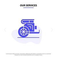 nuestros servicios carro caballos viejo príncipe grecia icono de glifo sólido plantilla de tarjeta web vector