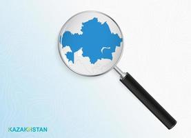 Magnifier with map of Kazakhstan on abstract topographic background. vector