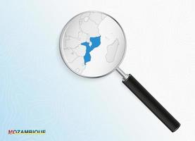 Magnifier with map of Mozambique on abstract topographic background. vector
