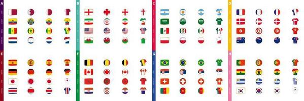 colección de banderas de torneos de fútbol, un gran conjunto de banderas ordenadas por grupo de competición de fútbol. vector