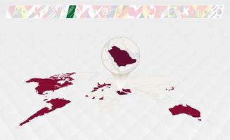 Enlarge the map of Saudi Arabia selected on the perspective world map, Infographics about the participants in soccer tournament. vector