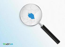 Magnifier with map of Tanzania on abstract topographic background. vector