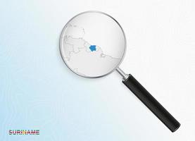 Magnifier with map of Suriname on abstract topographic background. vector