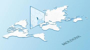 mapa mundial en estilo isométrico con mapa detallado de moldavia. mapa de moldavia azul claro con mapa del mundo abstracto. vector