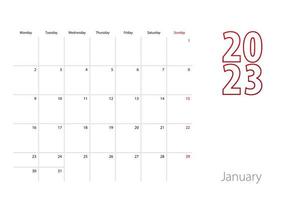 Calendar for January 2023 in modern design, planner template. vector