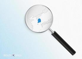 Magnifier with map of South Korea on abstract topographic background. vector