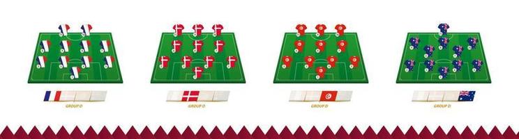 Football field with team lineup for Group D of soccer competition. vector