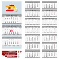 Spanish and English language calendar for 2023 year. Week starts from Monday. vector