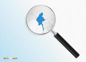 Magnifier with map of Myanmar on abstract topographic background. vector