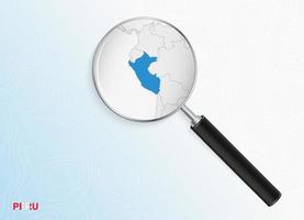 Magnifier with map of Peru on abstract topographic background. vector