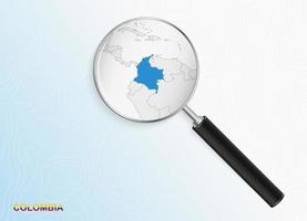 Magnifier with map of Colombia on abstract topographic background. vector