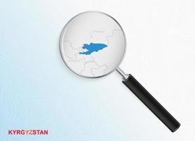 lupa con mapa de kirguistán sobre fondo topográfico abstracto. vector