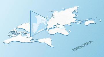 mapa mundial en estilo isométrico con mapa detallado de andorra. mapa de andorra azul claro con mapa del mundo abstracto. vector