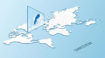 mapa mundial en estilo isométrico con mapa detallado de suecia. mapa de suecia azul claro con mapa del mundo abstracto. vector